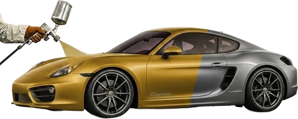 Sports car being spray painted in our paint shop