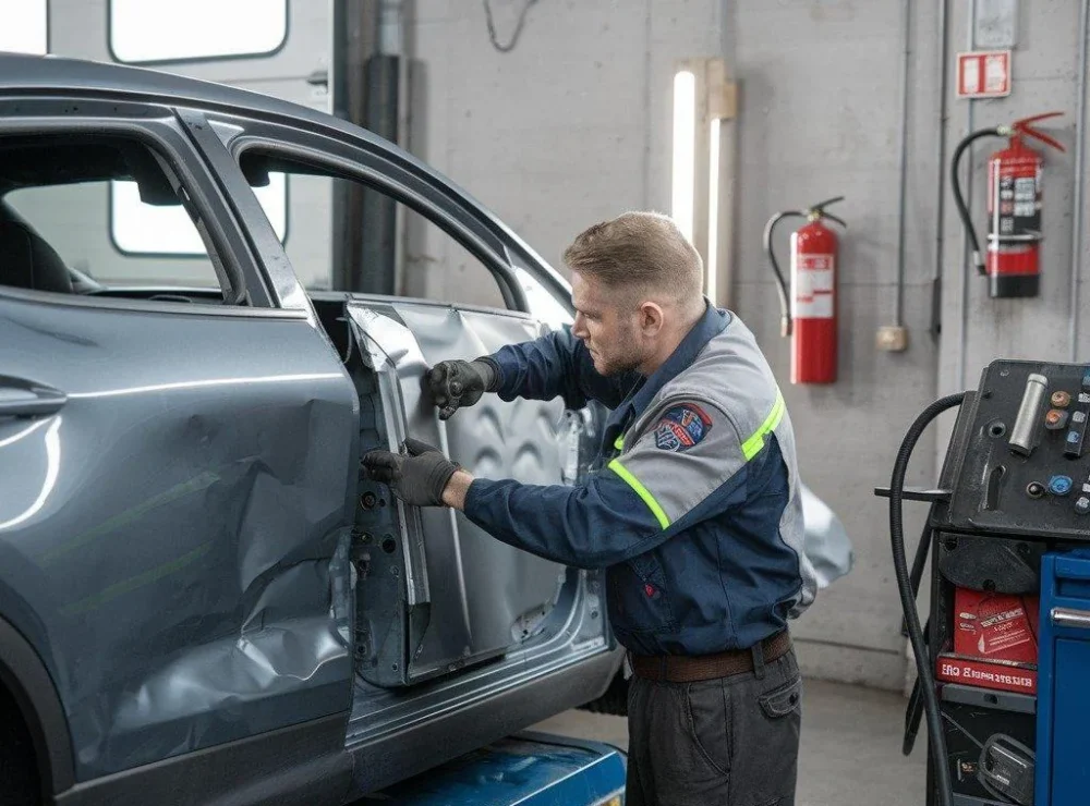 Technician repairing a dented car door in the body shop